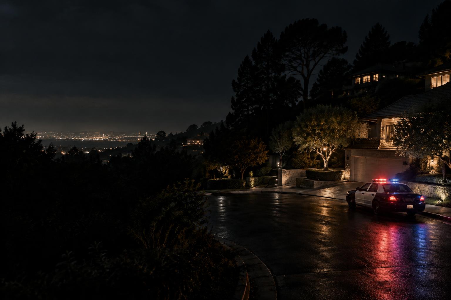 A police car on a quiet Oakland Hills street at night