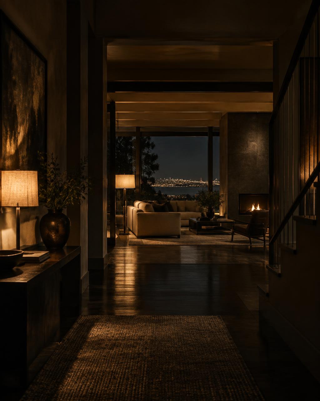 A shadowed luxury interior lit by amber lamps