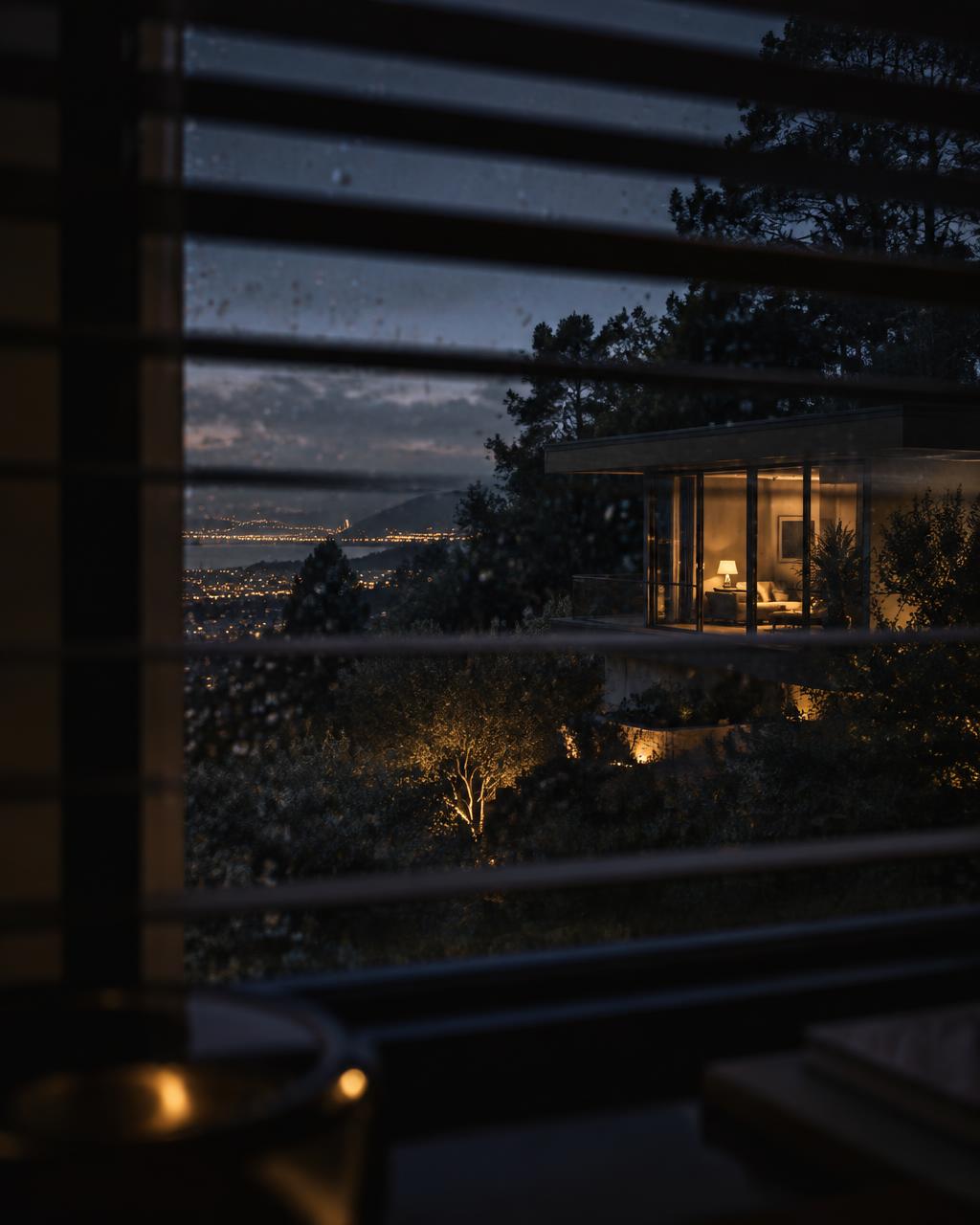A neighboring house seen through rain-streaked blinds
